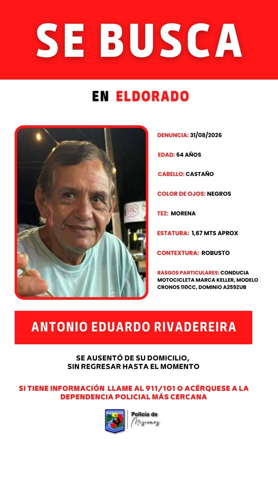 Eldorado: Buscan a un hombre de 64 años que se ausentó de su domicilio 2